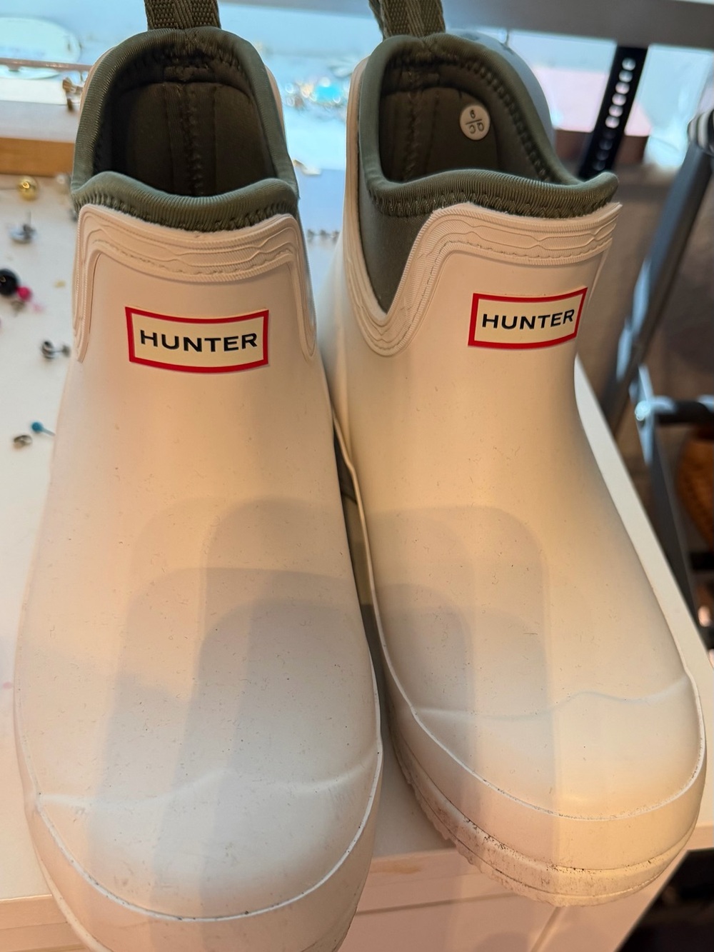 Hunter women  White Slip-On Waterproof Boots with Olive Trim